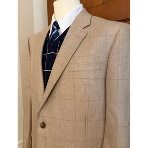 Jos. A. Bank Sport Coat Mens 43R Tan Silk Camelhair Windowpane Blazer Jacket